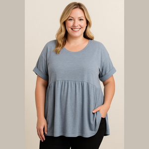 Cool Melon Heather Blue Babydoll Top with Cuffed Sleeves